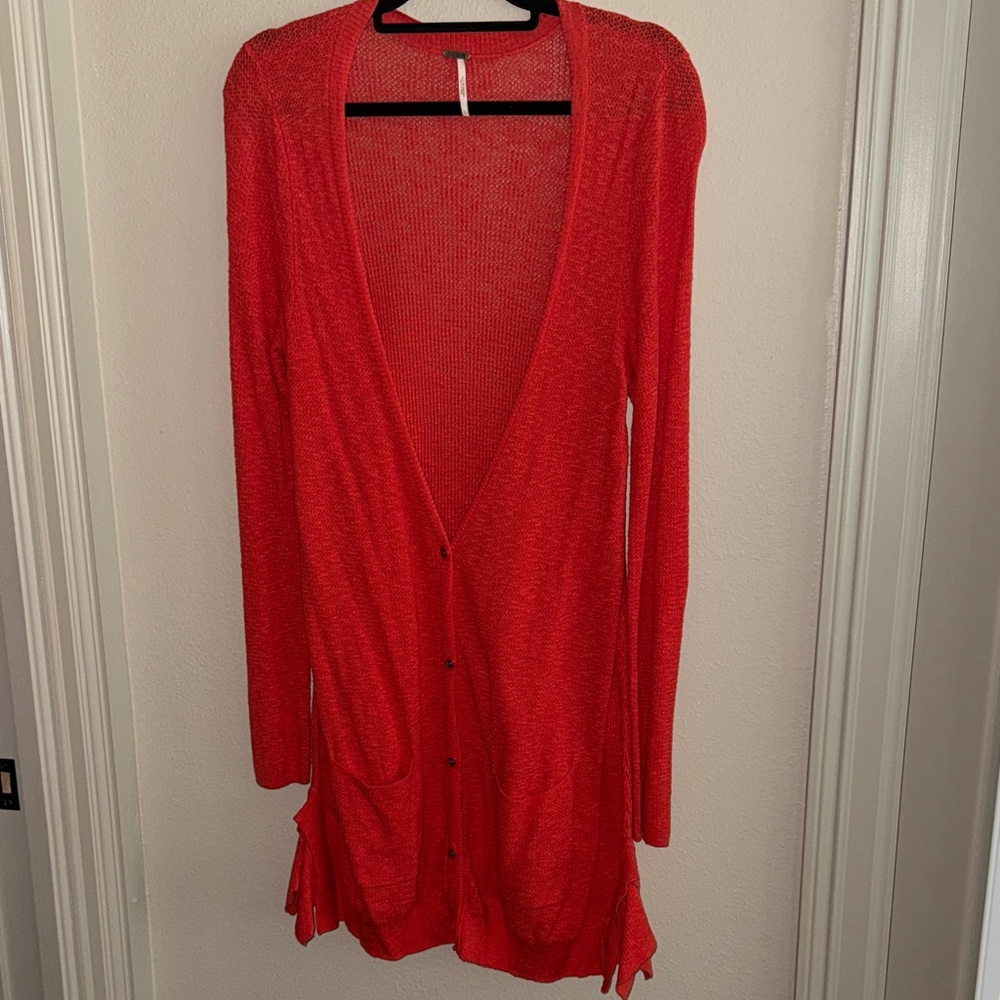 Free People Red Orange Long Cardigan